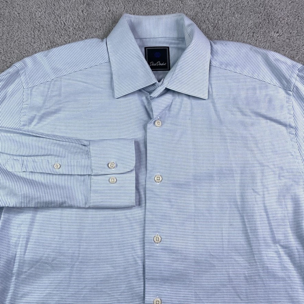 David Donahue Shirt Mens 16 - 34 White‎ Blue Textured Check Cotton Button Up